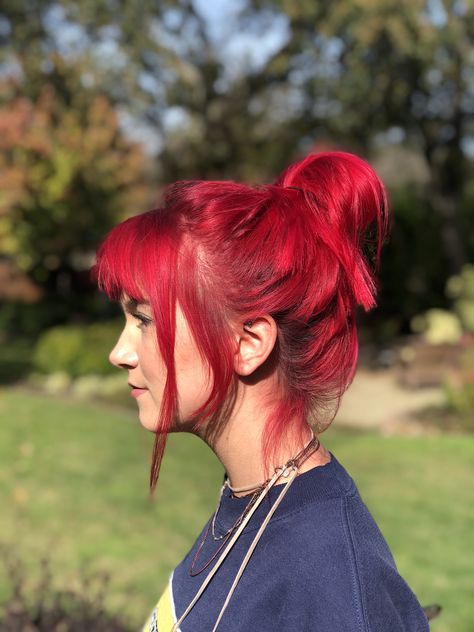 Dyed Red Hairstyles, Red Hair Combinations, Electric Red Hair, Candy Red Hair, Bright Red Hair Aesthetic, Fire Engine Red Hair, Neon Red Hair, Two Tone Red Hair, Above Shoulder Hair