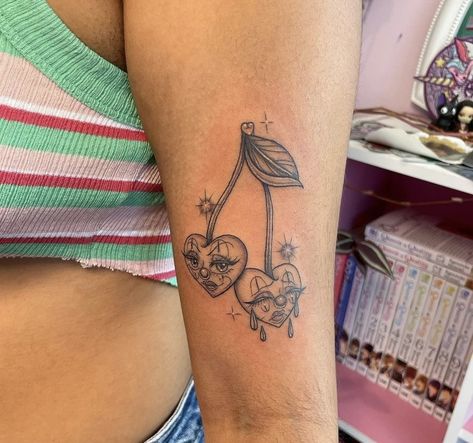 Spooky Cherry Tattoo, Dice Cherry Tattoo, Cherry Face Tattoo, Cherry Dice Tattoo, Chicana Tattoo Ideas, Cute Cherry Tattoo, Heart Cherry Tattoo, Chicana Tattoos For Women, Chicana Tattoos