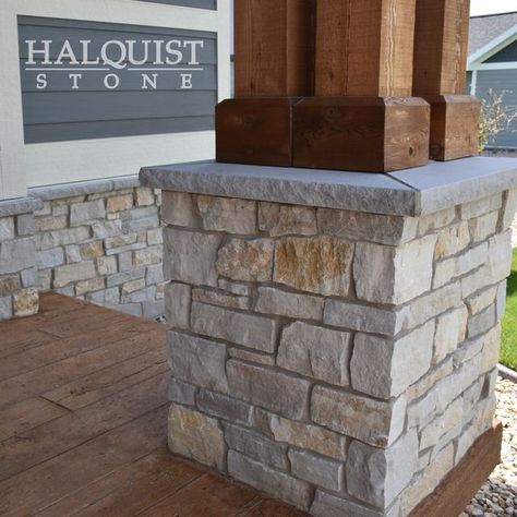 Halquist Stone Company on Instagram: "This home owner decided to upgrade his columns to include Halquist Stone's Fond du Lac Rustic to match the home. Simple upgrades can add so much value and curb appeal to your home. #halquiststone #naturalstone #stoneveneer #stonemasonry #homesweethome #interiorstone #interiordesign #interiorfireplace #designinspo #moderndesign #luxury #masons #architects #builders #designers #architecture #buildingproducts #exteriordesign #residentialdesign #commercialdes Lannon Stone Exterior, Oklahoma Stone Exterior, Indiana Limestone House Exterior, Bedford Stone House Exterior Update, Wheaton Country Ledgestone, Stone Exterior Houses, Stone Exterior, Home Simple, Home Owner