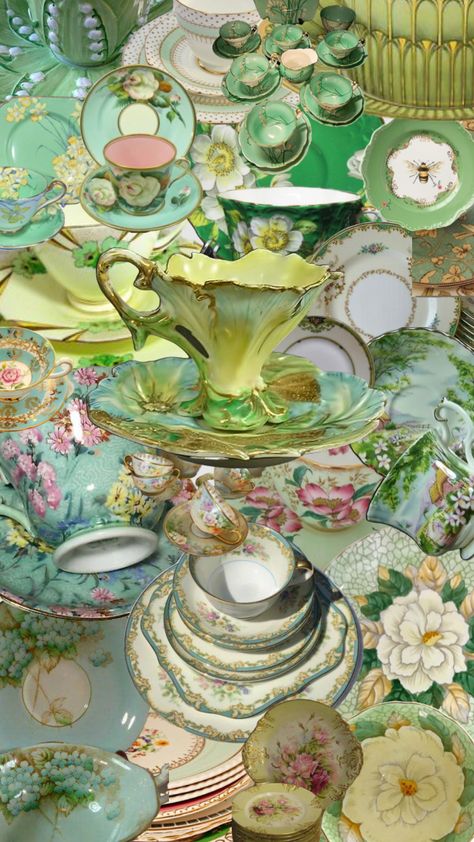 #Green #blue #yellow #vintageChina Green Tea Party, Tea Party Blue, Tea Party Aesthetic, Coffee Party, Vintage Tea Party, Tea Cozy, Vintage Cups, Yellow And Blue, Vintage China