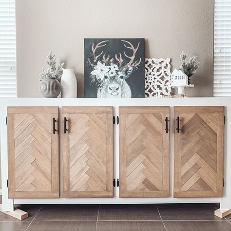 Pattern Cabinet Doors, Chevron Cabinet Doors, Herringbone Kitchen Cabinet Doors, Herringbone Cabinet Doors Diy, Diy Herringbone Cabinet Door, Diy Side Board Buffet, Herringbone Cabinet Doors, Diy Buffet Cabinet, Diy Sideboard Buffet