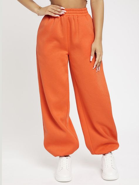 Orange    Polyester Plain   Slight Stretch All Women Bottoms Orange Joggers Outfit, Orange Sweatpants, Orange Joggers, Orange Outfits, Women Sweatpants, White Sweatpants, Orange Pants, Women Bottoms, Orange Outfit