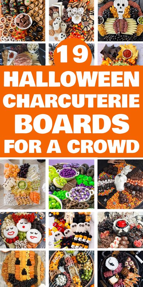 19 Halloween charcuterie boards for a crowd, featuring various spooky and festive food arrangements. Charcuterie Board Themes Halloween, Charcuterie Boards For Halloween, Halloween Fruit Platter Ideas, Halloween Charcuterie Board Easy, Boocuterie Board, Charcuterie Board Ideas Halloween, Halloween Vegetable Tray, Halloween Veggie Tray Ideas, Creative Charcuterie Boards