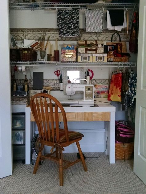 My+Secret+Sewing+Closet Closet Craft Rooms, Closet Shelves Ideas, Book Nook Closet, Closet Alternatives, Small Closet Shelving, Tiny Laundry Room, Laundry Closet Organization, Closet Organization Designs, Sewing Closet