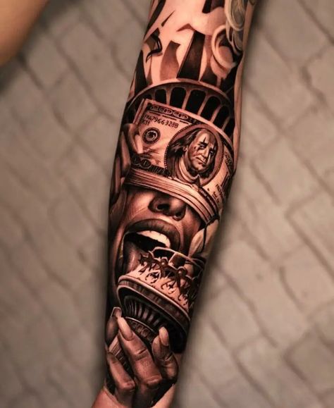 Women Money Tattoo, Rich Tattoo Men, Italian Mob Tattoos, Inside Of Forearm Tattoo, Money Tatoos Ideas, Money Sleeve Tattoos, Chicano Tattoos Men, Inside Arm Tattoo Men, Chicano Tattoo Ideas