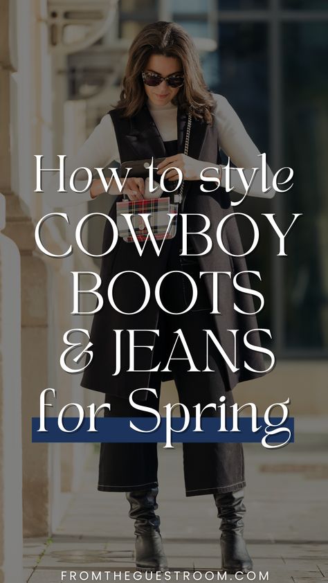 a woman  jeans and cowboy boots in spring, western outfits Western Jean Outfits Women, Bootcut Jeans With Cowboy Boots, Bootcut Jeans And Cowboy Boots Outfit, Western Cowboy Boots Outfit, Cowboy Boots With Cropped Jeans, How To Wear Cowboy Boots With Jeans, Cowboy Boots And Jeans Outfit For Women, How To Wear Cowboy Boots Women, Cowboy Boots And Jeans Outfit