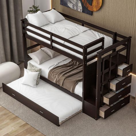 PRICES MAY VARY. [Twin Bunk Beds with Trundle] This multifunctional trundle bunk bed features two twin size bed and a twin size trundle for accommodating your family or any overnight sleepers.and the trundle bed glides amlessly on castor wheels, easy pull out trundle bed frame, the twin over twin bunk bed with trundle can allow at least 3 children share it together, which is ideal choice for families who have many kids and also a good solution where space is limited. [Bunk Bed with Storage Drawe Bedroom Bunk Bed, Storage Staircase, Bunk Bed With Storage, Trundle Bed Frame, Twin Over Twin Bunk Bed, Solid Wood Bed Frame, Twin Trundle, Twin Bunk Bed, Bunk Beds With Storage