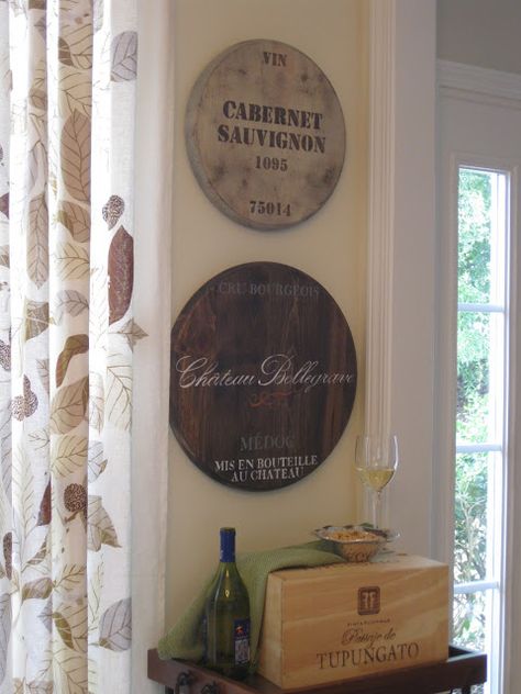 That Mommy Blog: Ballard Designs Knock-Off: Wine Barrel Plaques Wine Barrel Wall, Wine Barrel Decor, Antique Ideas, Wine Wall Decor, Barrel Decor, Wine Kitchen, Wine Wall, Wine Decor, Mommy Blog