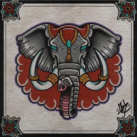 Old School Elephant Tattoo, Elephant Tattoos Traditional, American Traditional Elephant Tattoo, American Traditional Elephant, Traditional Tattoo Elephant, Chest Tattoo Elephant, Traditional Elephant Tattoo, Neo Traditional Chest Tattoo, Elephant Head Tattoo