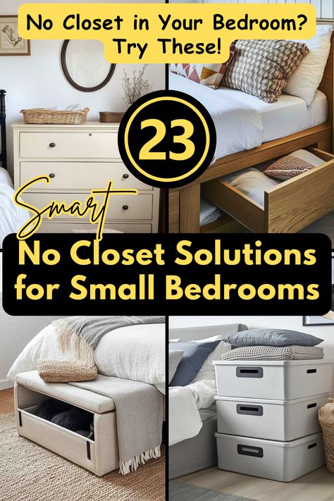 Small bedroom, no closet? No worries! These 23 No Closet Solutions for Small Bedrooms offer simple and effective ways to store your clothes, shoes, and accessories while keeping your space clutter-free and stylish! #SmallBedroomStorage #NoClosetSolutions #SpaceSavingIdeas #BedroomOrganization #StorageHacks How To Make Closet Space, Clothing Storage For Small Spaces Bedroom, No Closet Space Solutions, Clothes Storage For Small Bedrooms, Bedroom Without Closet Ideas, Small Bedroom No Closet, Small Space Organization Bedroom, Closet Space Saving Ideas, Bedroom Storage Ideas For Small Spaces