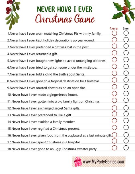 Free Printable Never Have I Ever Christmas Game for Adults Christmas Never Have I Ever Questions, Free Adult Christmas Games, Christmas Sleepover Games, Christmas Icebreaker Games, Free Printable Games For Adults, Christmas Questions For Adults, Fun Christmas Party Games For Adults, Free Christmas Party Games, Easy Christmas Games For Adults