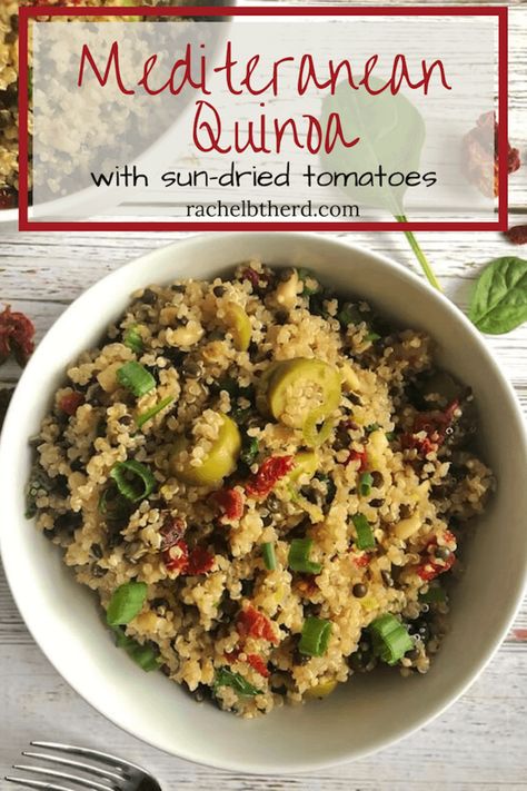 This Mediterranean inspired quinoa is easy to throw together and will quickly become a staple in your weekly meal prep. It is a great side dish or meat-free meal and is gluten free. This salad is fresh, healthy, and satisfying! #mediterraneanrecipe #quinoa #quinoasalad #quinoarecipe #mealprep #healthyrecipe #easyrecipe #mediterraneandiet #vegetarian What Is Quinoa, Fluffy Quinoa, Mediterranean Quinoa, Quinoa Recipe, Weekly Meal Prep, Tomato Vegetable, Free Meal, Sun Dried Tomatoes, Quinoa Recipes