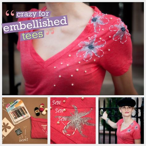 Create your own embellished t shirt with this simple and fun diy project. This t shirt has everything; hand painting, embroidery and beading. Tulip Fabric Paint, Embellishment Ideas, Stencil Fabric, Fabric Embellishment, Upcycle Sewing, Refashion Clothes, Cool Diy Projects, Diy Shirt, T Shirt Diy