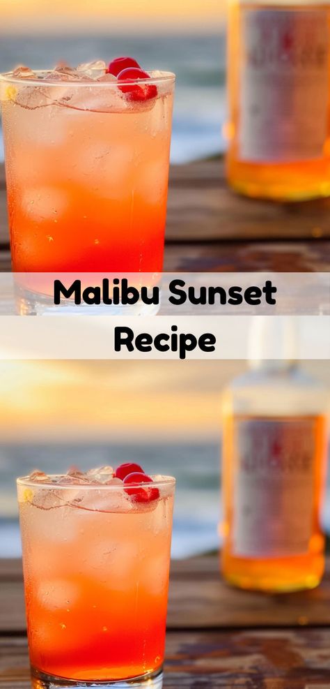 Tropical Malibu Sunset cocktail. Easy to make with rum, pineapple, and grenadine. Malibu Sunset Cocktail, Peach Schnapps Drinks, Cocktails With Malibu Rum, Malibu Rum Drinks, Malibu Pineapple, Malibu Cocktails, Rum Drinks Recipes, Sunset Cocktail, Sunset Drink