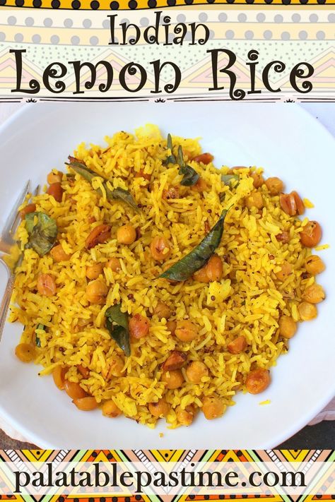 Lemon rice is a  simple version of Indian fried rice, with curry seasonings, chickpeas, peanuts, curry leaves and spicy peppers. via @suelau1 Indian Fried Rice, Rice With Curry, Indian Tomato Soup, Peanut Masala, Masala Rice, East Indian Food, Curry Seasoning, Fried Halloumi, Vegan Indian Recipes