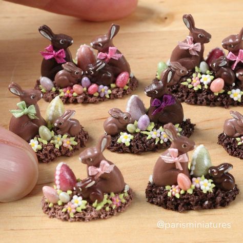 Paris Miniatures Mini Patisserie, Unicorn Party Food, Miniature Food Tutorials, Miniature Chocolate, Miniture Food, Rabbit Family, Chocolate Rabbit, Food Artists, Mini Treats