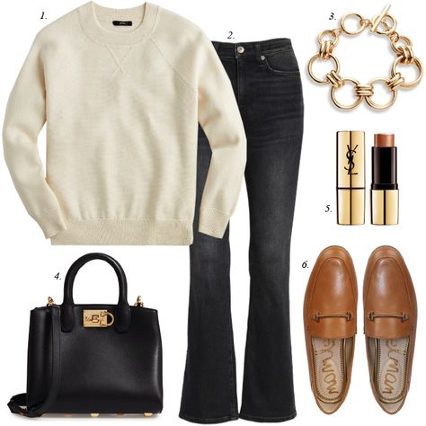 this fall outfit is a great classic look and one you can shop from your closet it has crop flare dark grey jeans with cognac brown loafers by Sam Edelman a cozy off white sweatshirt sweater and a black mini tote and gold chain bracelet Brown Loafers Outfit Women, White Sweatshirt Outfit, Cognac Loafers, Loafers Outfit Women, Cognac Shoes, Off White Sweatshirt, Dark Grey Jeans, Awesome Mom, Loafers Outfit