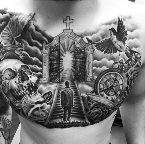 Heaven Tattoos Heaven Chest Tattoo, Stairs To Heaven Tattoo, Gates Of Heaven Tattoo, Stairway To Heaven Tattoo, Christus Tattoo, Chest Tattoo Drawings, Tato Maori, Biblical Tattoos, Heaven Tattoos