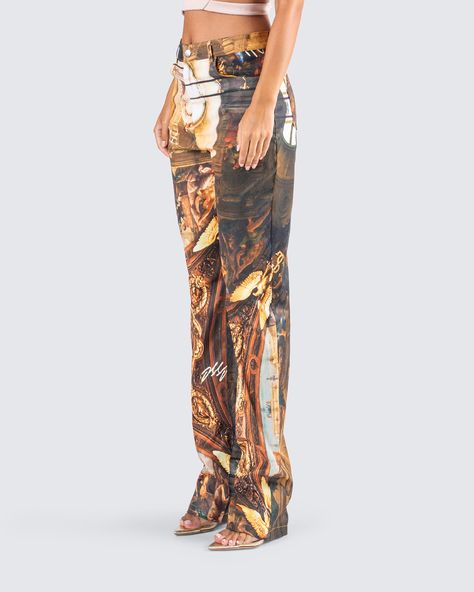 You're 'bout to be admired like the Sistine Chapel in these print pants 💖 You're a work of art, show it to the world 😇 Note: The print is randomly placed so each garment will be uniquely different! Concert Looks Black Women, Spray Paint Pants, Plt Pants, Pants With Strings, Famu Homecoming, Drip Outfits Women, Designer Birthday Outfits, Pearl Pants, Angel Pants