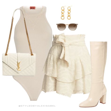 Knee High Boots White, High Boots White, Date Inspo, Ysl Shoulder Bag, White Knee High Boots, Mini Skirt White, Celebrity Casual Outfits, Chain Drop Earrings, Bodysuit White