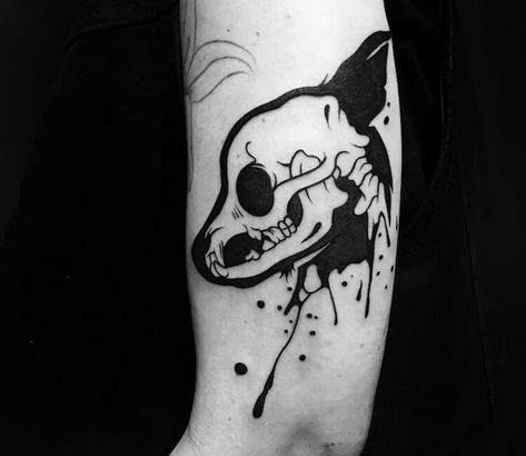 Dog skull tattoo by Roy Tsour Chihuahua Skull Tattoo, Edgy Dog Tattoo, Dog Skull Art, Skull Dog Tattoo, Skeleton Dog Tattoo, Dog Skeleton Tattoo, Dog Skull Tattoo, Aztec Skull Tattoo, Tiger Skull Tattoo