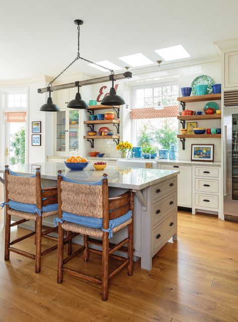 Colorful Farmhouse Kitchen with Fiestaware Colorful Farmhouse Kitchen, Alison Kandler, Colorful Kitchens, Colorful Farmhouse, Future People, Brown Floor, Farmhouse Kitchen Lighting, Cottage Style Kitchen, Dining Room Remodel