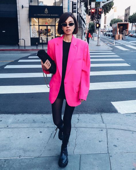 Walking through downtown LA - wearing an oversized pink blazer, black dress and rights, and my favorite black Prada combat boots #outfit #outfitidea #fashion #style #pinkblazer #oversizedblazer #blacktights #combatboots #blackboots #prada Pink Blazer Outfit Casual, Pink Blazer Outfit, Blazer Street Style, Behind Blue Eyes, Blazer Outfits Casual, Looks Street Style, Pink Blazer, Blazer Outfits, Colourful Outfits