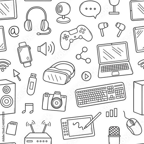 Stock Image: Seamless pattern of Gadgets doodle set. Keyboard, headphones, computer mouse, watch, computer in sketch style. Hand drawn vector illustration Computer Doodle Art, Gadgets Drawing, Computer Doodle, Keyboard Drawing, Tiny Doodles, Computer Sketch, Sketchbook Doodles, Mouse Tattoos, Pusheen Cute