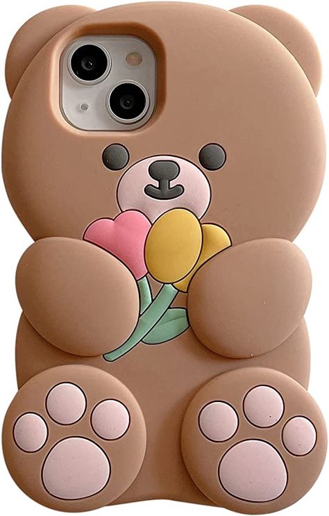 Iphone 14 Pro Max Phone Case Flower Teddy Bear, Brown Phone Case, Teddy Bear Brown, Bear Phone Case, 3d Phone Cases, Cute Cartoon Bear, Kawaii Phone, Kawaii Phone Case, Brown Teddy Bear