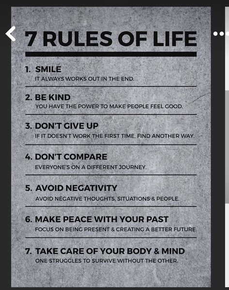 Rules Of Life, 7 Rules Of Life, Dont Compare, Take Care Of Your Body, Make Peace, Better Future, Don't Give Up, Negative Thoughts, Self Discovery