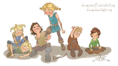 The HTTYD characters as kids. (Left to Right) Ruffnutt, Tuffnutt, Snotlout, Astrid, Fishlegs, ...HICCUP!!!! He's drawing Stoick!!!! Httyd Characters, Toothless And Stitch, Astrid Hiccup, Httyd Art, Hiccup And Astrid, Dreamworks Dragons, Cute Dragon, Dragon Trainer, Dragon Rider