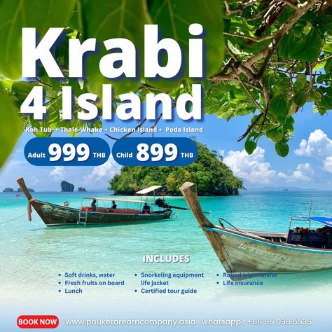 Krabi Day Tour 4 islands by long tail boat. 🚣🏝️ The program will have ✔️ 🌴Koh Tub 🌴Thale-Whake 🌴Chicken Island 🌴Pordah Island INCLUDES ✅Soft drinks, water ✅Fresh fruits on board ✅Lunch ✅Snorkeling equipment life jacket ✅Certified tour guide ✅Round trip transfer ✅Life insurance 𝐂𝐨𝐧𝐭𝐚𝐜𝐭 𝐮𝐬 ☎ 𝐖𝐡𝐚𝐭𝐬𝐚𝐩𝐩 : +𝟔𝟔 𝟗𝟓 𝟎𝟑𝟖 𝟓𝟓𝟑𝟓 🌐https://www.phuketdreamcompany.asia/.../krabi-day-tour-4.../ #Krabitrip #Krabi #Krabi4islands #FullDay #KohTub #Chickenisland #PordahIsland #RailayBeach #longtailboat #phuk... Phuket Vs Krabi, Kata Rocks Phuket, Tuktuk Thailand, Rawai Beach Phuket, Snorkeling Equipment, Pucket Thailand Beaches, Railay Beach, Phuket Thailand, Fresh Fruits