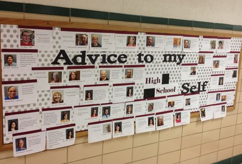 This is a back to school bulletin board for high school. Teachers wrote "Advice to My High School Self."  Some fun and wise advice shared, enjoyed by students and staff alike! Also a nice picture directory for new staff. This could easily be adapted for all school levels. Bulletin Board For High School, Counselor Bulletin Boards, School Counseling Bulletin Boards, Counseling Bulletin Boards, High School Bulletin Boards, High School Teachers, Wise Advice, College Counseling, High School Counselor