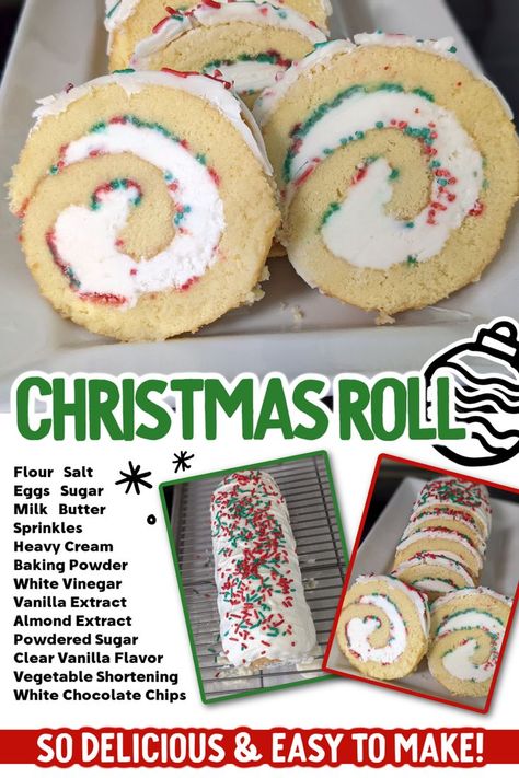 Christmas Vanilla Roll Christmas Vanilla Roll Cake, Vanilla Roll Cake, Festive Holiday Desserts, White Chocolate Drizzle, Moist Vanilla Cake, Cake Roll Recipes, Holiday Sprinkles, Holiday Dessert, Christmas Food Desserts