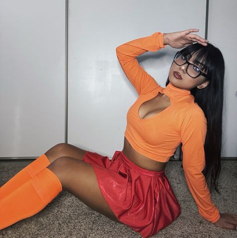 velma costume velma cosplay scooby doo costume halloween costume 2024 with orange crop top and red mini skirt with glasses and orange stockings Velma Costume, Scooby Doo Costumes, Velma Cosplay, Orange Crop Top, Red Mini Skirt, Orange Skirt, Costume Halloween, Scooby Doo, Halloween Costume