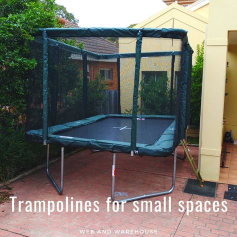 Small Backyard With Trampoline, Rectangle Trampoline Ideas, Small Garden Trampoline, Tiny Yard, Garden Trampoline, Rectangle Trampoline, Small Trampoline, Small Backyards, Narrow Garden