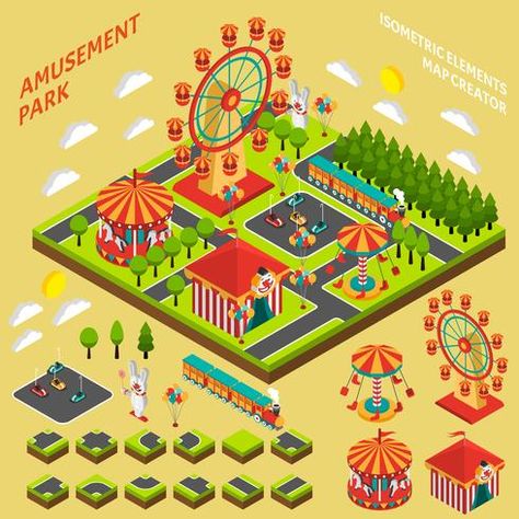 Amusement Park Map, Theme Park Map, Isometric Map, Map Creator, Infographic Poster, Element Symbols, Isometric Art, Isometric Design, Isometric Illustration