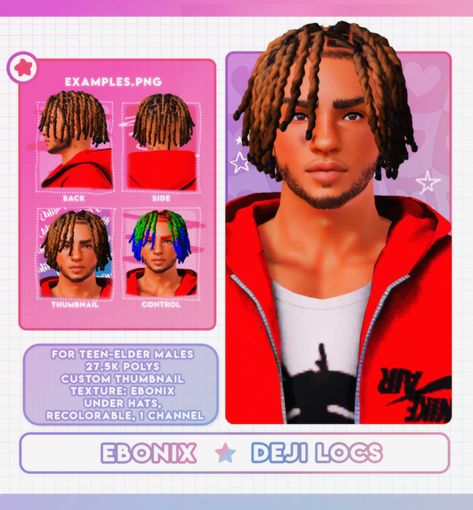 All credits goes to@ebonixsims! Original here!  Hair for For Teen ➜ Elder Males  27.5K Poly  2048x texture  Under Hats, 1 channel  Fully recolorable rubber bands at the top and end of each loc  Texture:... Sims 4 Cc Dread Locks Male, Sims 4 Male Braids, Sims 4 Cc Dreads Male, Sims 4 Locs Hair Cc, Sims 4 Locs, Sims 4 Afro Hair Male, Male Locs, Sims Presets, Sims Folder