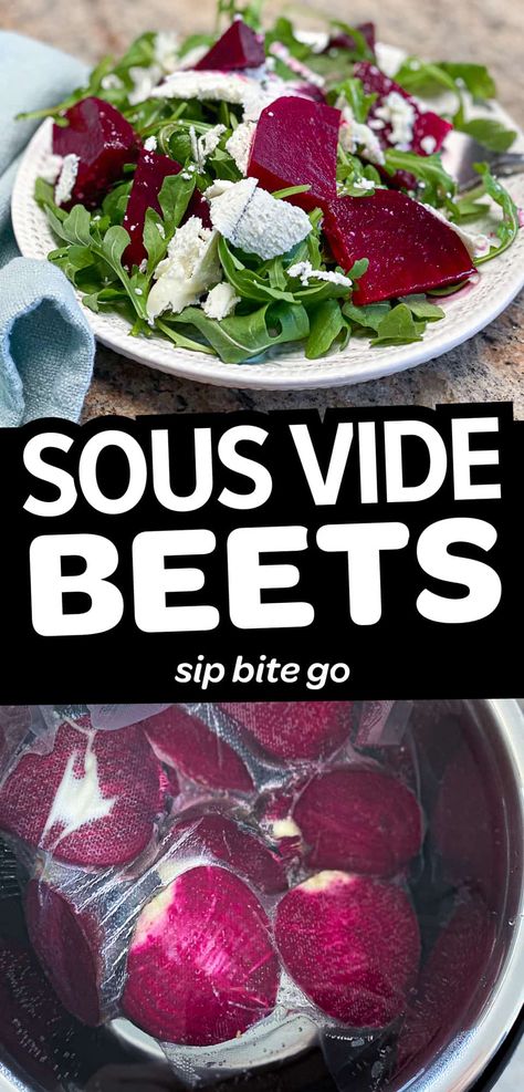 Sous vide beets are great for meal prep. Learn how to make them for meal prep and to enjoy sous vide beet salad with arugula and goat cheese. | sipbitego.com #sousvide #sousvidecooking #sousvidebeets Beet Salad With Arugula, Creamy Peppercorn Sauce, Sous Vide Vegetables, Sous Vide Egg, Make Ahead Salads, Sous Vide Recipes, Beet Recipes, Poached Pears, Sous Vide Cooking