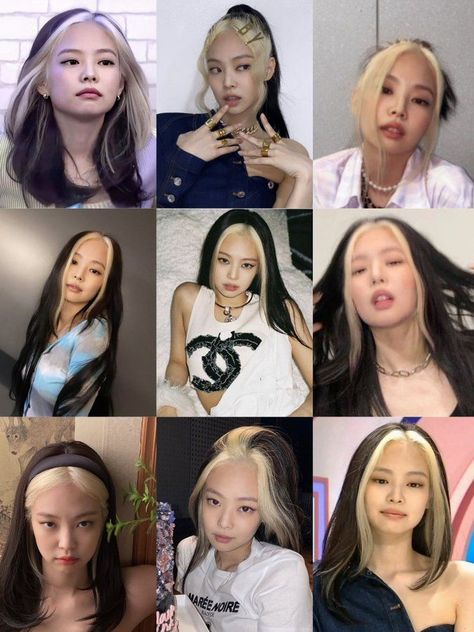 Jennie Kim Two Toned Hair, Jennie Highlight Hair, Kpop Two Tone Hair, Jennie Two Tone Hair, Jennie White Hair, Wispy Bangs Round Face, Bloom Core, White Streak In Hair, Kpop Hair Color