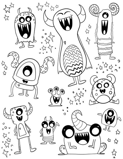 Monster Doodles, Doodle Monster, Doodle Art For Beginners, Line Doodles, Monster Coloring Pages, Monster Drawing, Funny Monsters, Cute Alien, Doodle Coloring