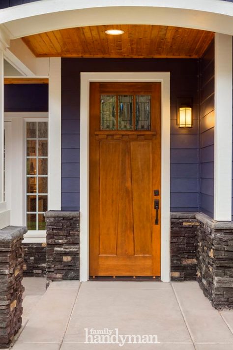 The Pros and Cons of Wooden Front Doors Light Blue Houses, Best Front Door Colors, Blue Siding, Yellow Front Doors, Best Front Doors, Front Door Paint Colors, Brown Doors, Door Paint Colors, Wood Front Doors