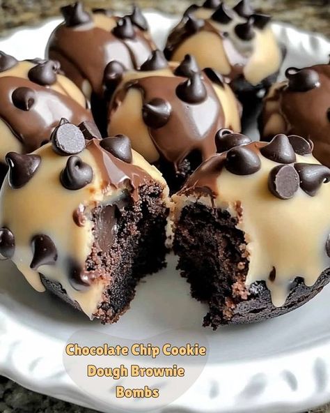 Daily Recipes and Tips 😋 The Original | 🍫 Chocolate Chip Cookie Dough Brownie Bombs 🍫 | Facebook Chocolate Chip Cookie Dough Brownie Bites, Cookie Dough Brownie Bites, Brownie Cake Balls, Chocolate Chip Cookie Dough Brownies, Brownie Bites Recipe, Chocolate Cookie Dough, Soft Chocolate Chip Cookies, Daily Recipes, Delicacy Food