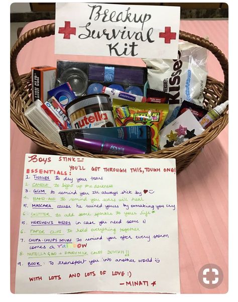 Break Up Basket Gift Survival Kits, Cool Gifts To Make Your Friends, Care Package Ideas For Breakup, Breakup Package Gift, Birthday Survival Kit For Him, Break Up Baskets For Best Friend, Gifts For You Best Friend, Breakup Baskets Friends, Break Up Basket Gift For Best Friend