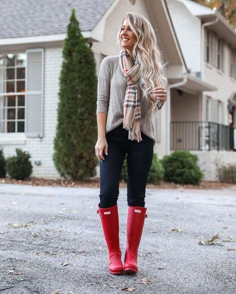 Thanksgiving Day Outfit Idea Red Hunter Boots Burberry Scarf Dog sweater Casual Holiday Outfit Idea