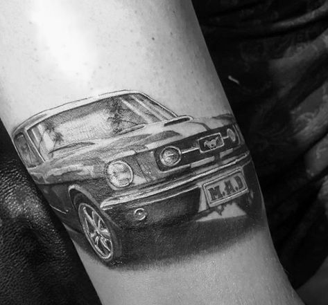 Guys Mustang Front Of Car Tattoo On Arm 67 Mustang Tattoo, E30 Tattoo, Mustang Tattoo, Mustang 67, Cards Aesthetic, Mustang Art, Sport Tattoos, Father Tattoos, Racing Tattoos