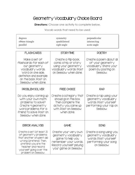 Seesaw Activity - Geometry Vocabulary Choice Board Vocabulary Choice Board, Obtuse Triangle, Geometry Vocabulary, Acute Angle, Vocabulary Instruction, Choice Board, Choice Boards, Kindle Fire, Elementary Classroom