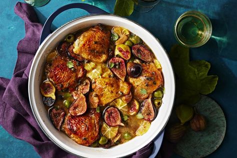 Lemony Braised Chicken with Figs Chicken And Figs Recipe, Fig Food, Chicken Marbella, Lemon Chicken Recipe, Magazine Recipes, Braised Chicken, Cold Nights, Poultry Recipes, Lemon Chicken