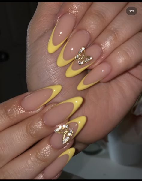 Nails 3d, Color Nails, Coffin Shape Nails, Acrylic Nails Coffin Pink, Unique Acrylic Nails, Bling Acrylic Nails, Butterfly Nail, Yellow Nails, Square Acrylic Nails