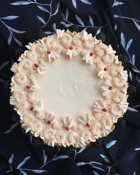 a cake for my grandma’s 85th birthday 🎀🥺🎀 pomegranate orange cardamom chiffon soaked in three milks, maple roasted walnut hazelnut praline, saffron whipped cream, caramelized honey italian meringue buttercream ✨ Caramelized Honey, Orange Cardamom, Italian Meringue Buttercream, Hazelnut Praline, Italian Cake, Italian Meringue, 85th Birthday, Roasted Walnuts, Meringue Buttercream